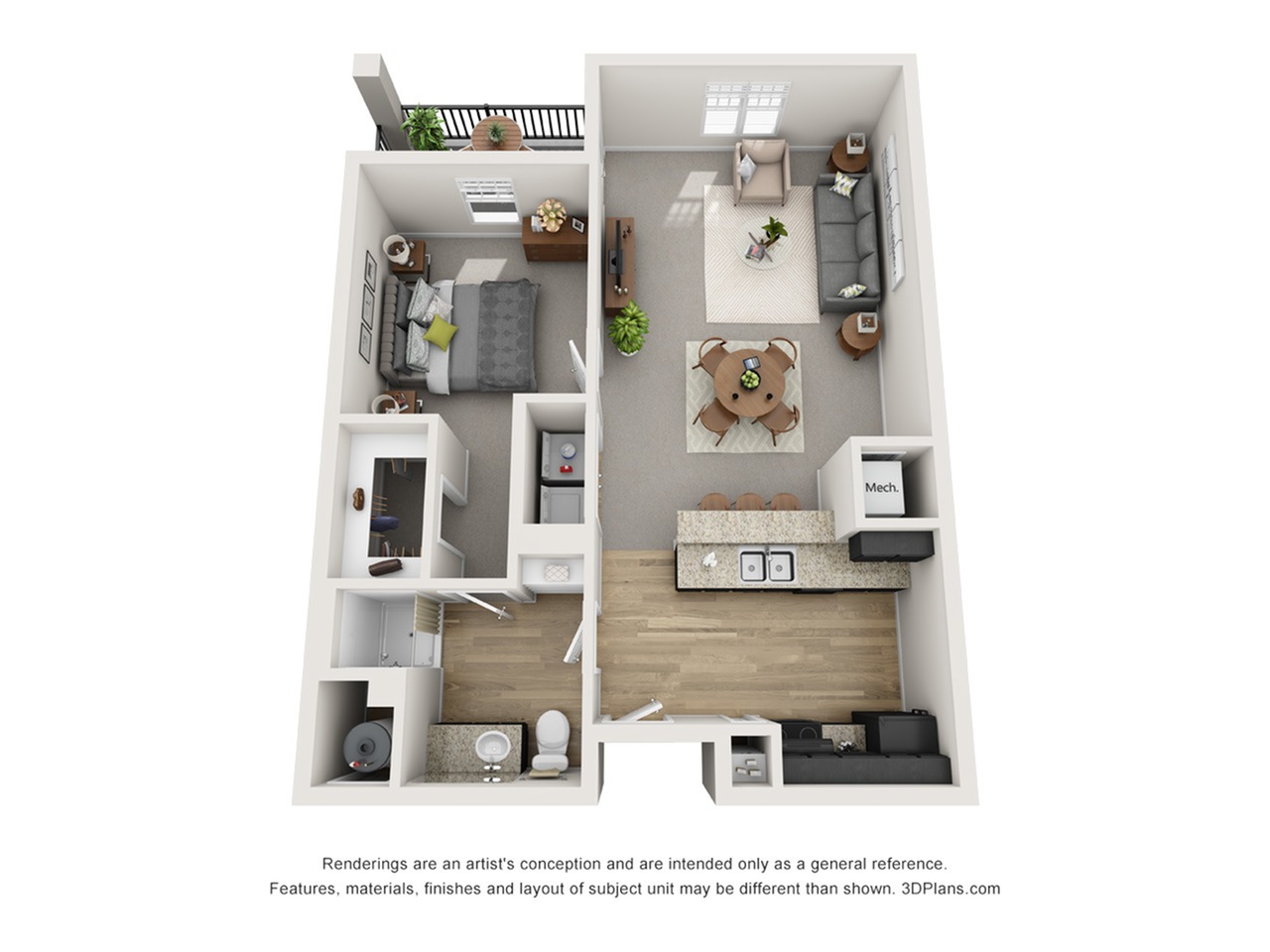 Floor plan for 1 bed, 1 bath, 785 sqft